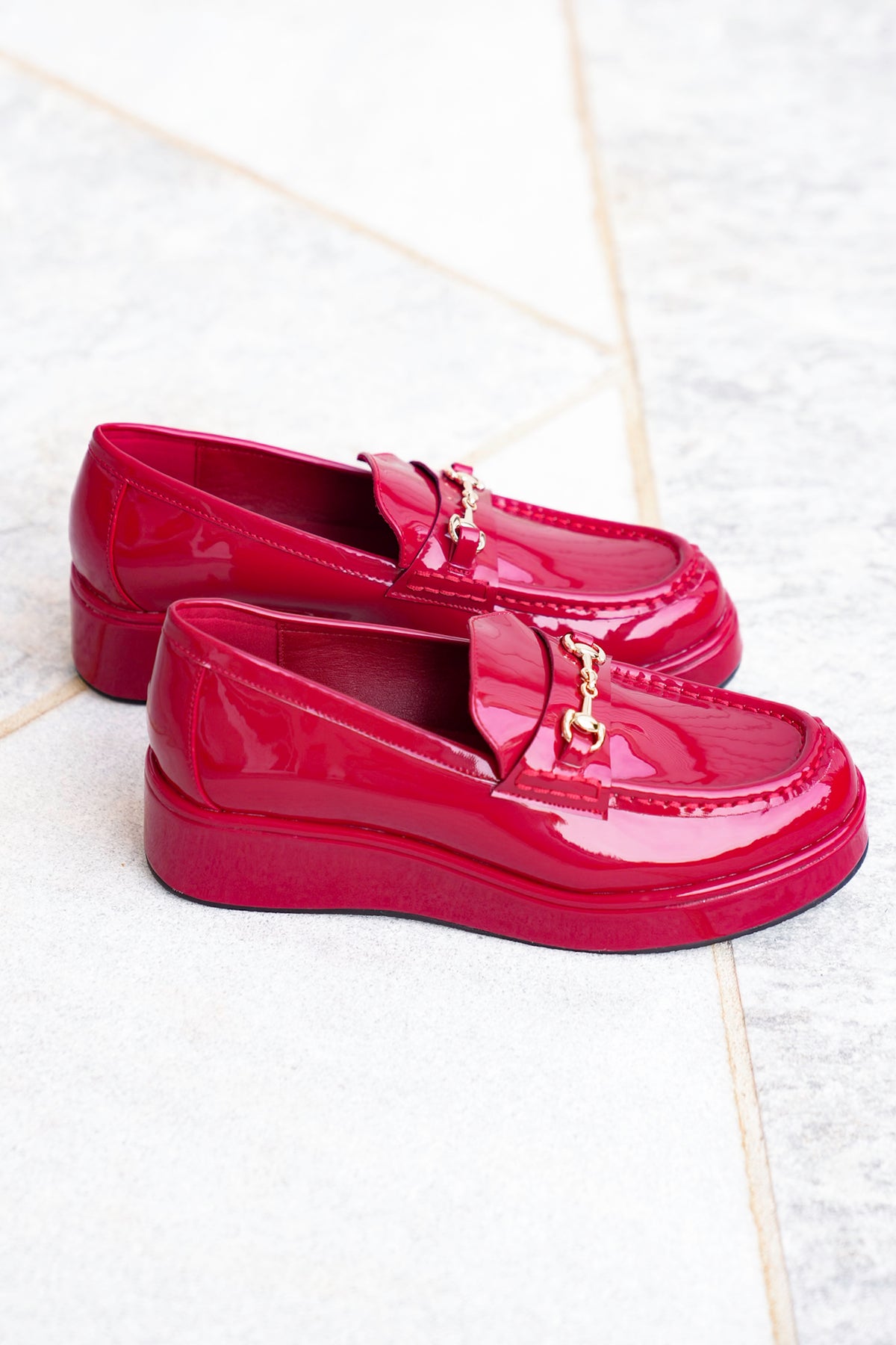 Glossy Chic Patent Platform Loafer with Gold Accent - Freckled Poppy