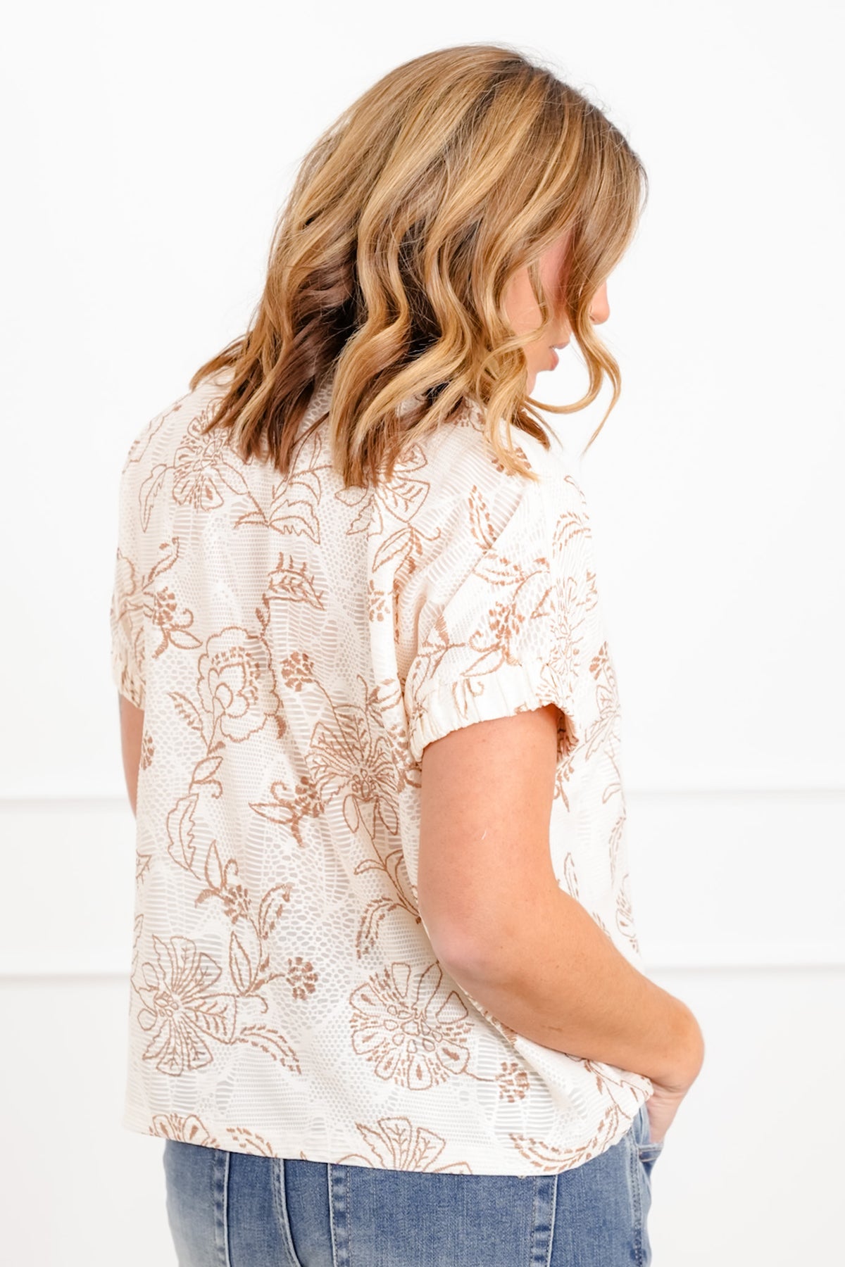 Plus/Reg Floral Print Short Sleeve Half Zip Up Top - Freckled Poppy