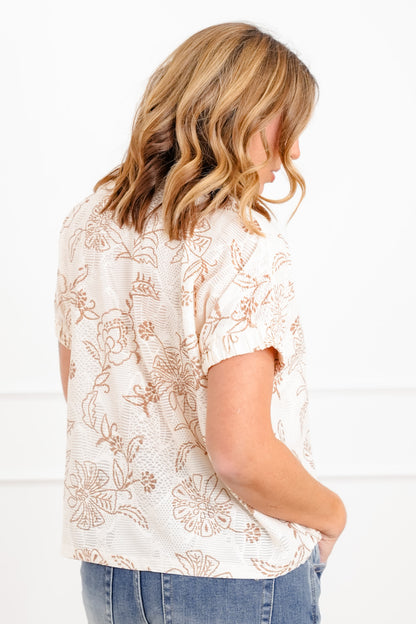 Plus/Reg Floral Print Short Sleeve Half Zip Up Top - Freckled Poppy