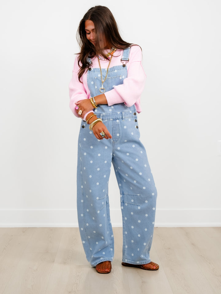 Light Wash Polka Dot Barrel Leg Denim Overalls - Freckled Poppy