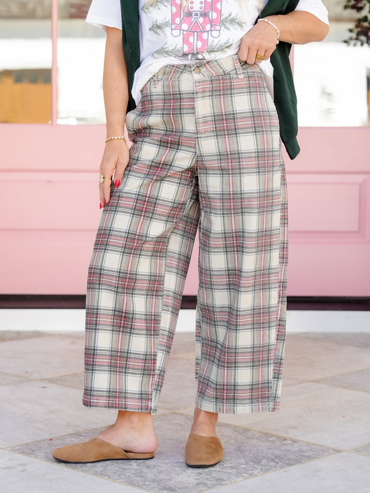 Plaid Corduroy High Waist Barrel Pants
