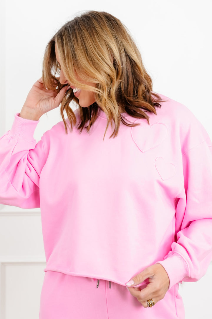 Pink Long Sleeve Heart Patch Pullover Sweatshirt - Freckled Poppy