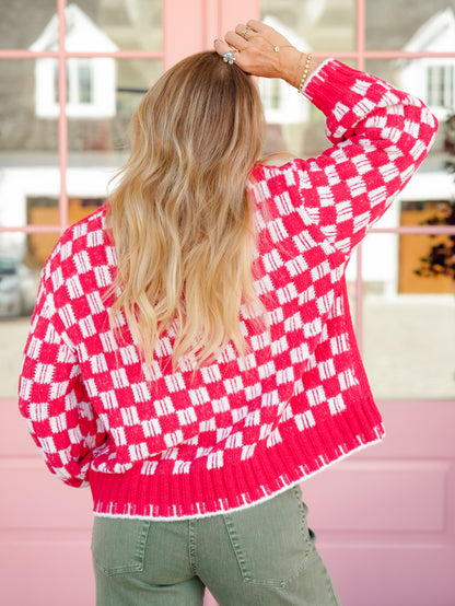 POL Long Checkered Sleeve Snowman Pullover Sweater