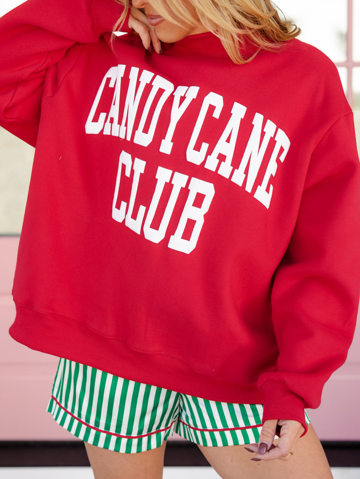 Long Sleeve Mock Neck Candy Cane Club Graphic Sweatshirt