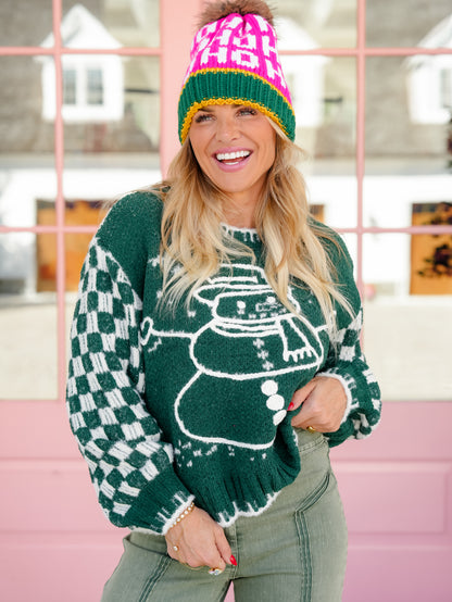 POL Long Checkered Sleeve Snowman Pullover Sweater