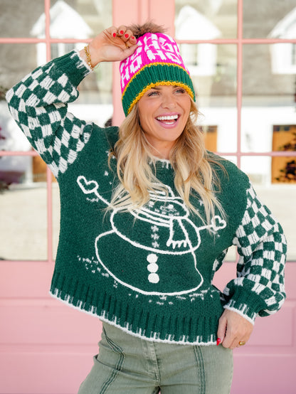 POL Long Checkered Sleeve Snowman Pullover Sweater