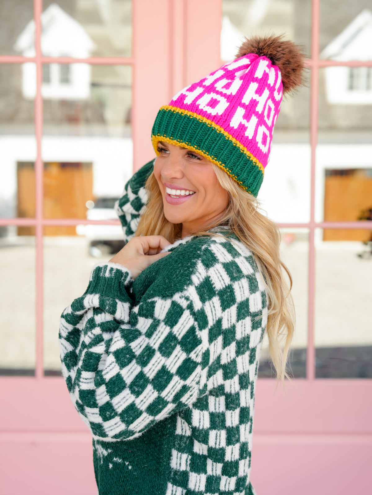 Pink, White & Mustard Ho Ho Ho Pom Hat