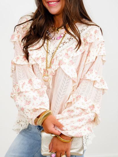 POL Textured Long Sleeve Round Neck Top With Floral - Freckled Poppy