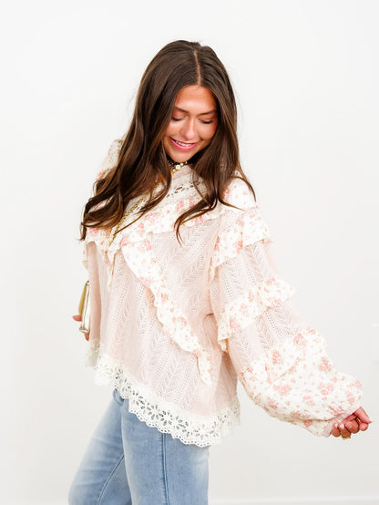 POL Textured Long Sleeve Round Neck Top With Floral - Freckled Poppy
