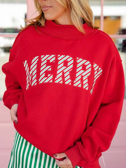 Long Sleeve "Merry" Embroidered Mock Neck Sweatshirt