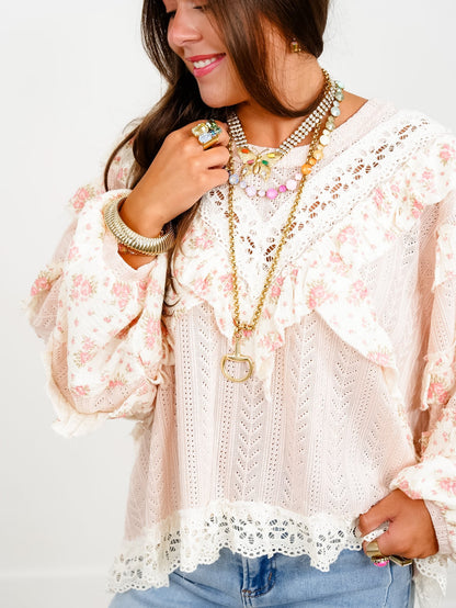 POL Textured Long Sleeve Round Neck Top With Floral - Freckled Poppy