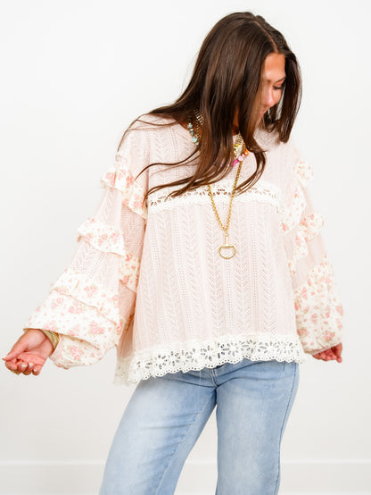 POL Textured Long Sleeve Round Neck Top With Floral - Freckled Poppy