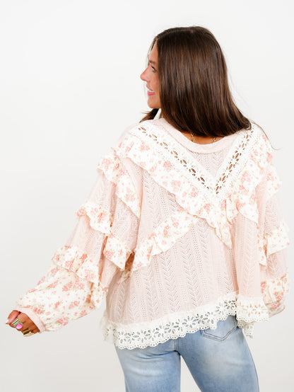 POL Textured Long Sleeve Round Neck Top With Floral - Freckled Poppy