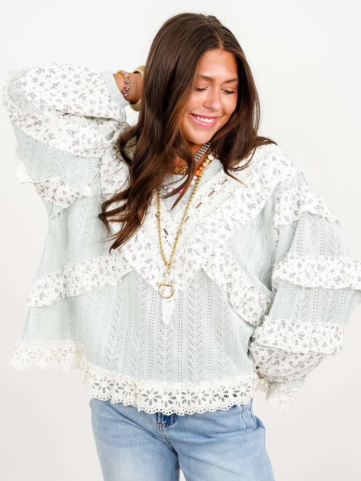 POL Textured Long Sleeve Round Neck Top With Floral - Freckled Poppy
