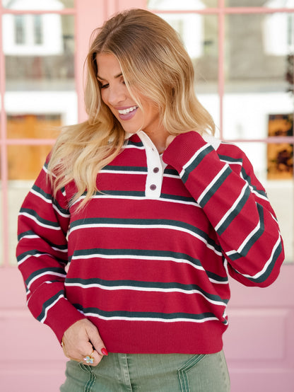 Collared Striped Long Sleeve Polo Sweater - Freckled Poppy