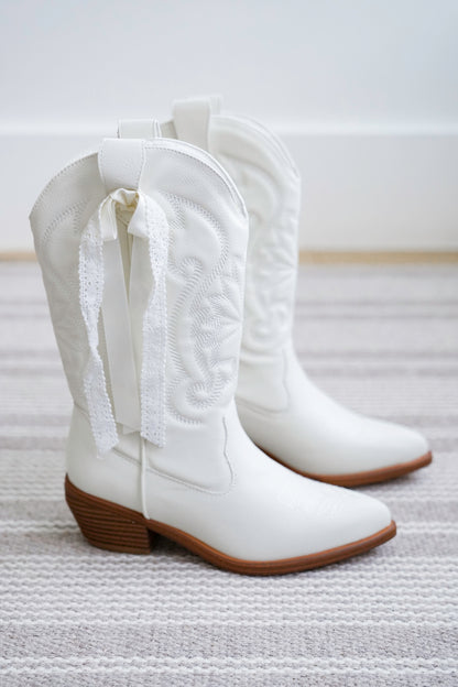 MIA Vegan Leather Western Boots with Embroidered Detailing and Ribbon Lace Accent - Freckled Poppy