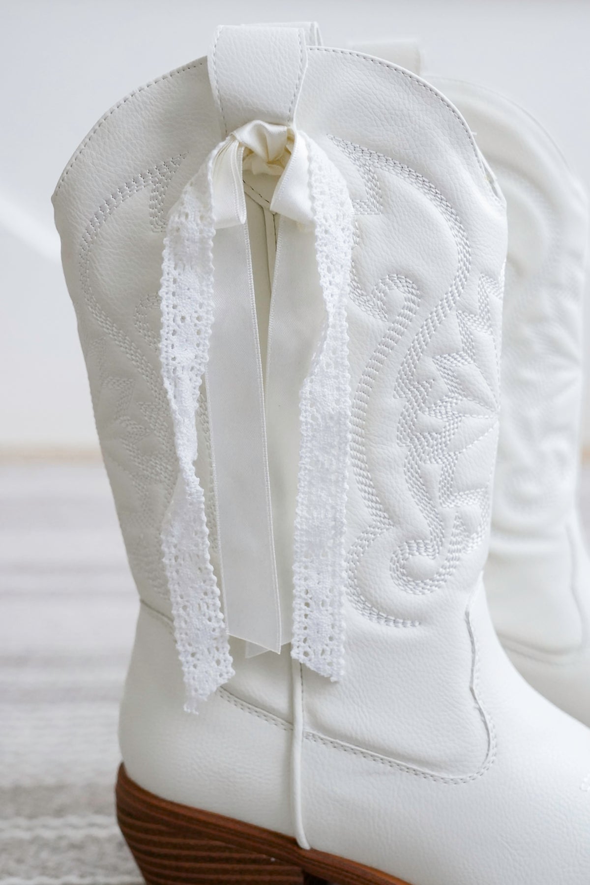 MIA Vegan Leather Western Boots with Embroidered Detailing and Ribbon Lace Accent - Freckled Poppy