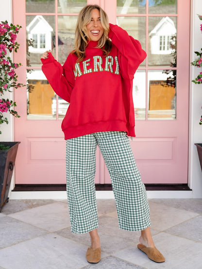 Long Sleeve Embroidered MERRY Mock Neck Sweatshirt - Freckled Poppy