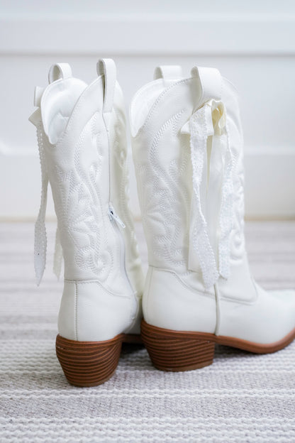 MIA Vegan Leather Western Boots with Embroidered Detailing and Ribbon Lace Accent - Freckled Poppy