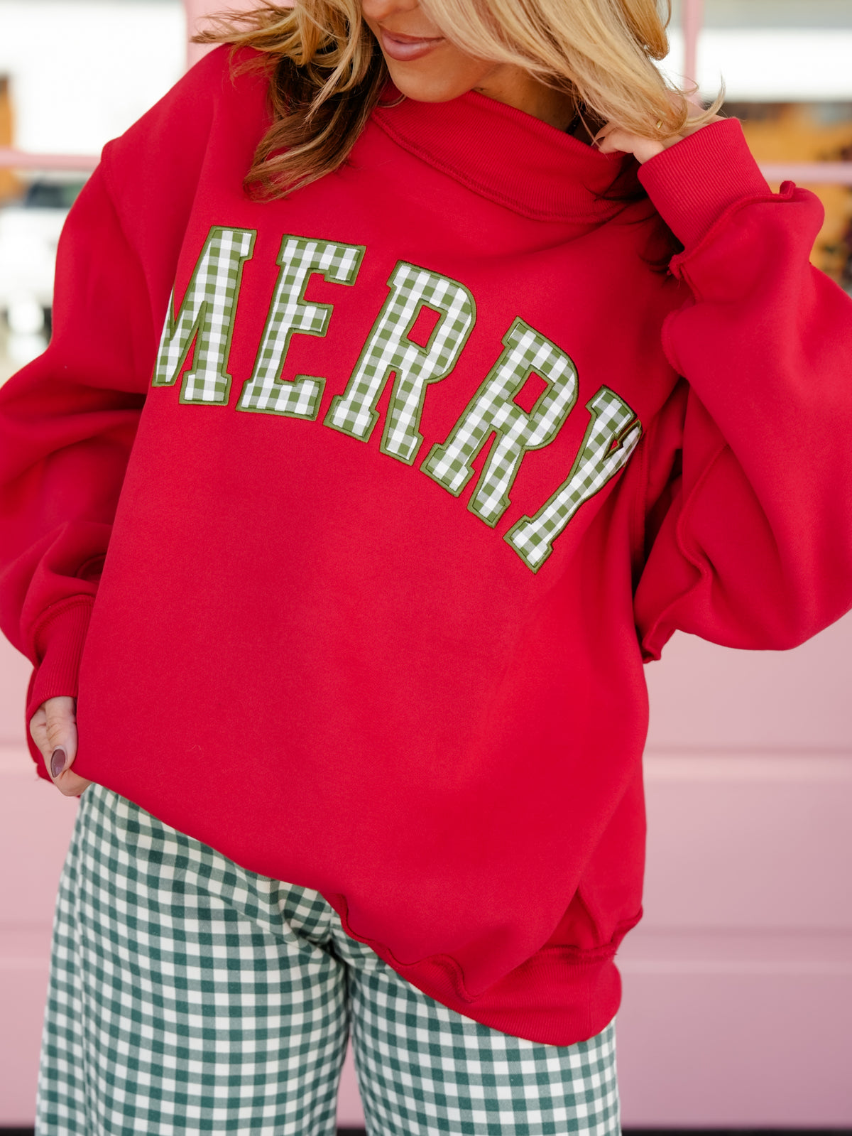 Long Sleeve Embroidered MERRY Mock Neck Sweatshirt - Freckled Poppy
