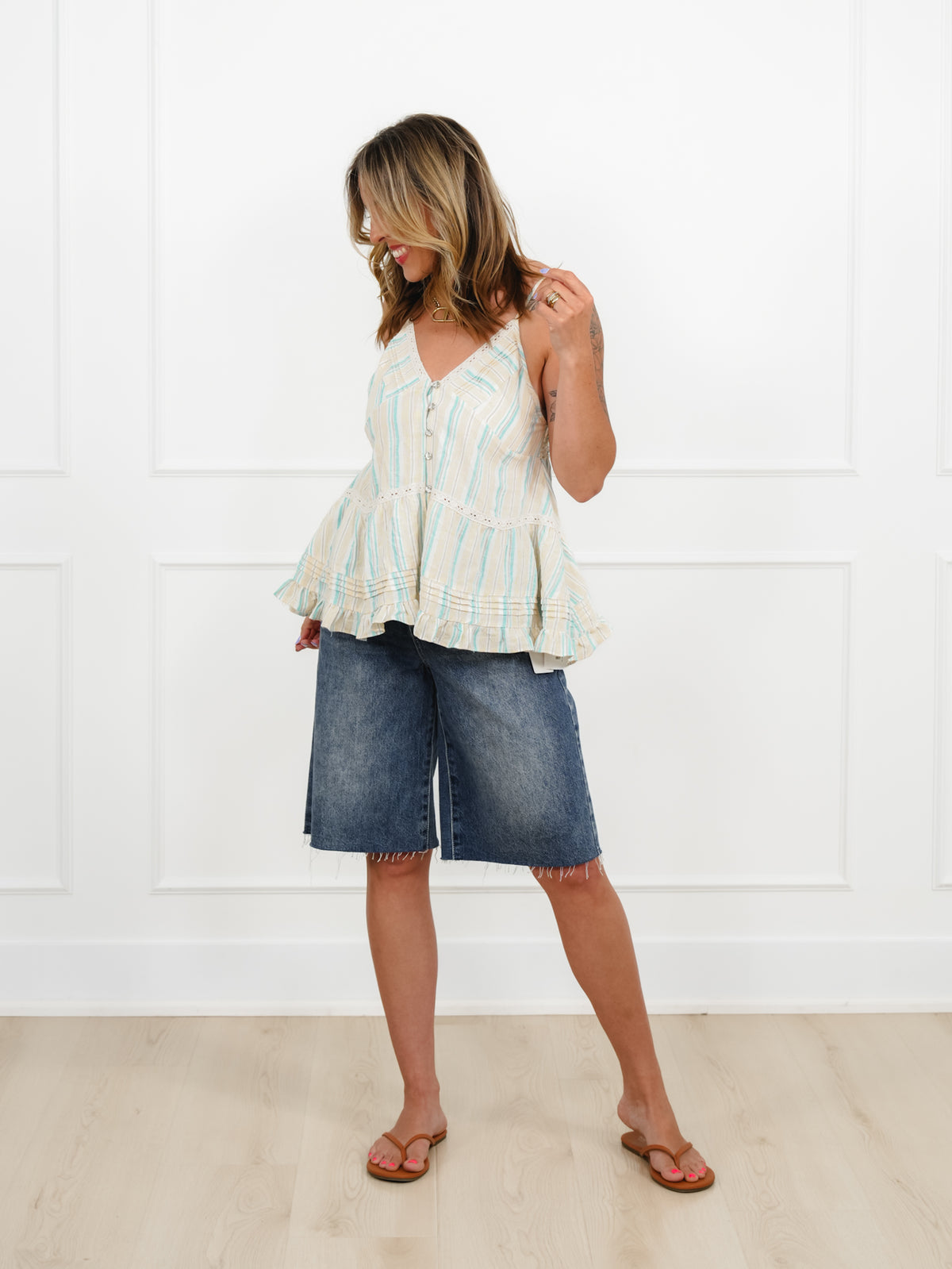 POL Stripe Sleeveless V Neck Button Down Top - Freckled Poppy