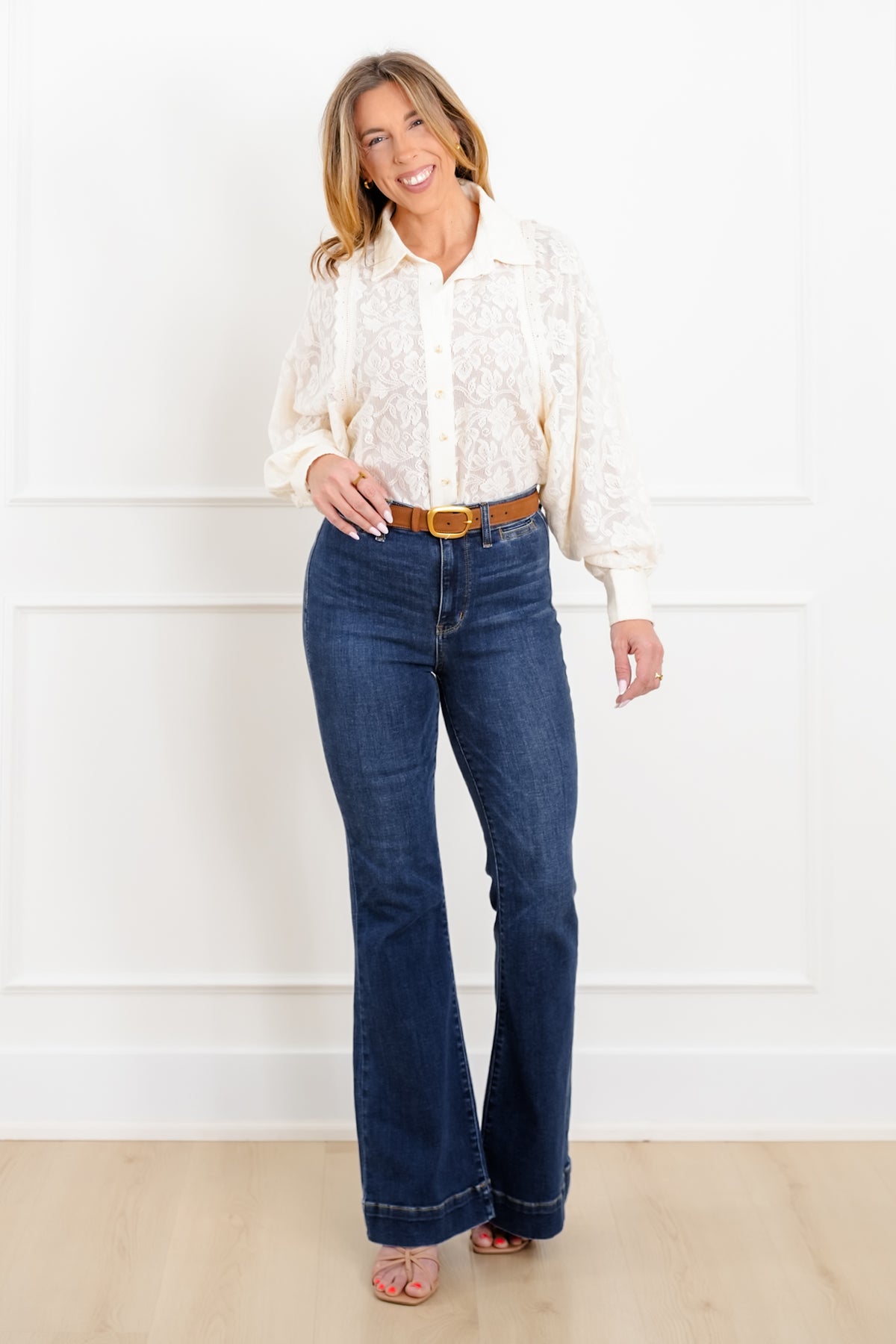 Plus/Reg Ivory Floral Long Sleeve Button Up Top - Freckled Poppy