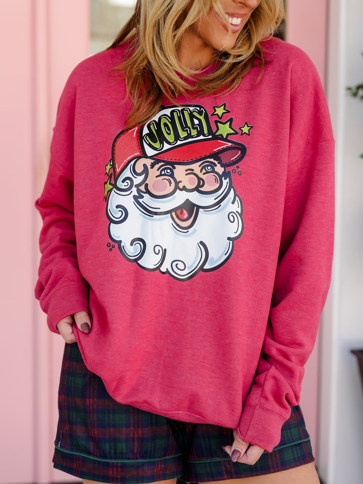 Plus/Reg Red Long Sleeve "Jolly Santa Trucker" Graphic Sweatshirt