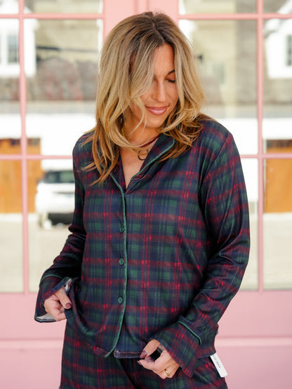Plus/Reg Plaid Long Sleeve Top and Shorts Lounge Set