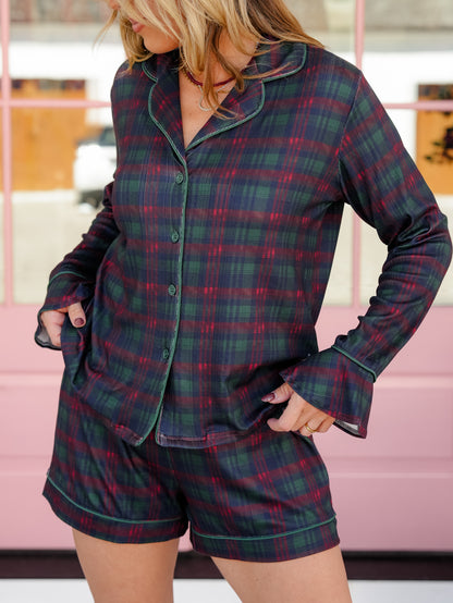Plus/Reg Plaid Long Sleeve Top and Shorts Lounge Set