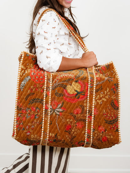 POL Botanical Velvet Quilted Tote Bag - Freckled Poppy