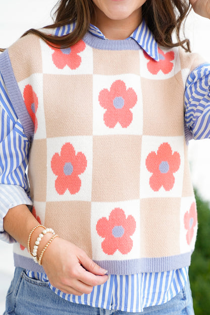 Sleeveless Sweater with Floral Checkered Print - Freckled Poppy