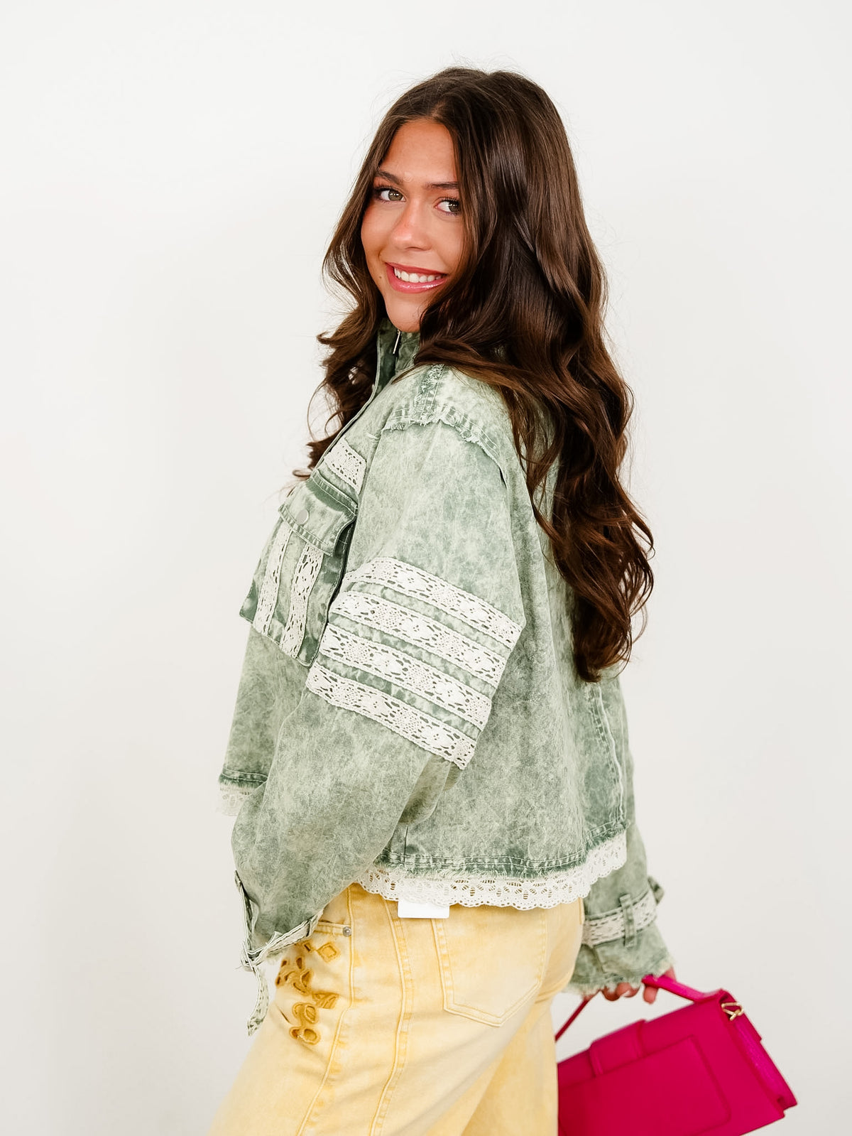 POL Mineral Wash Long Sleeve Zip Up Jacket with Lace - Freckled Poppy