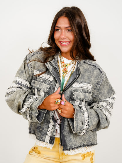 POL Mineral Wash Long Sleeve Zip Up Jacket with Lace - Freckled Poppy