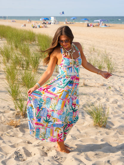 Coastal Print Sleeveless Halter Neck Midi Dress - Freckled Poppy