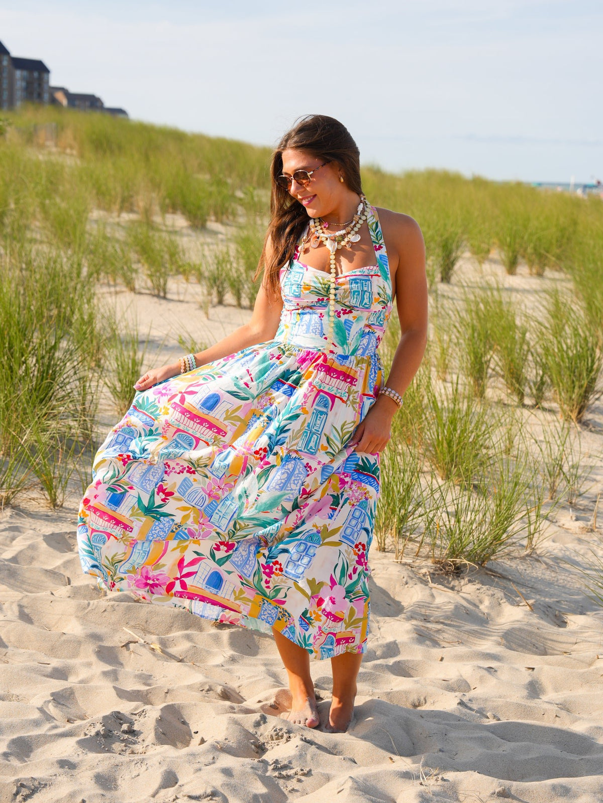Coastal Print Sleeveless Halter Neck Midi Dress - Freckled Poppy