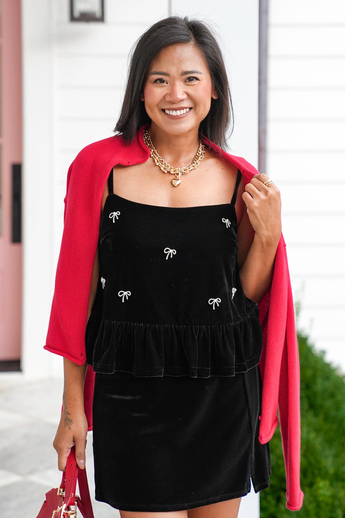 Velvet Baby Doll Top with Rhinestone Bows - Freckled Poppy