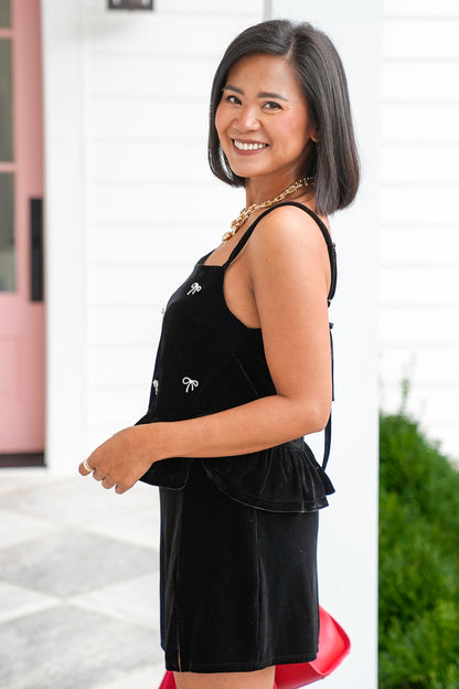 Velvet Baby Doll Top with Rhinestone Bows - Freckled Poppy