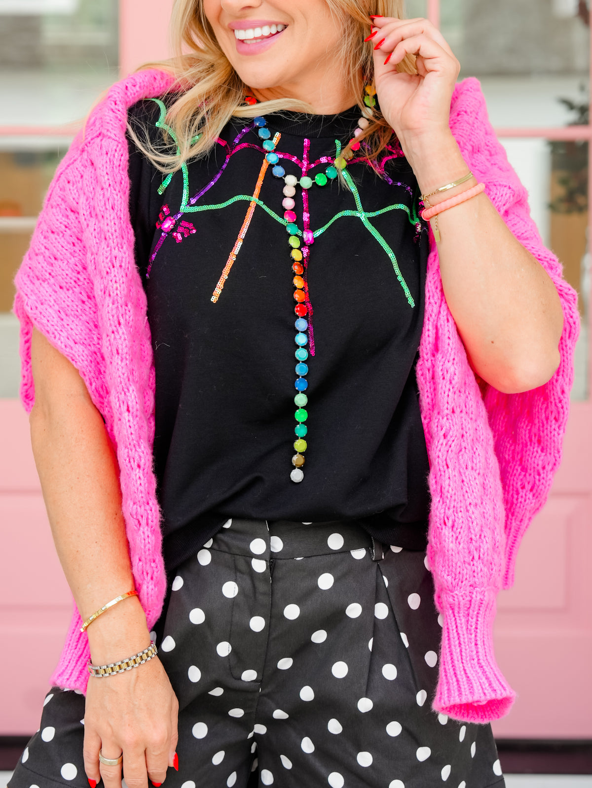 Sequin Spider Web Short Puff Sleeve Top - Freckled Poppy