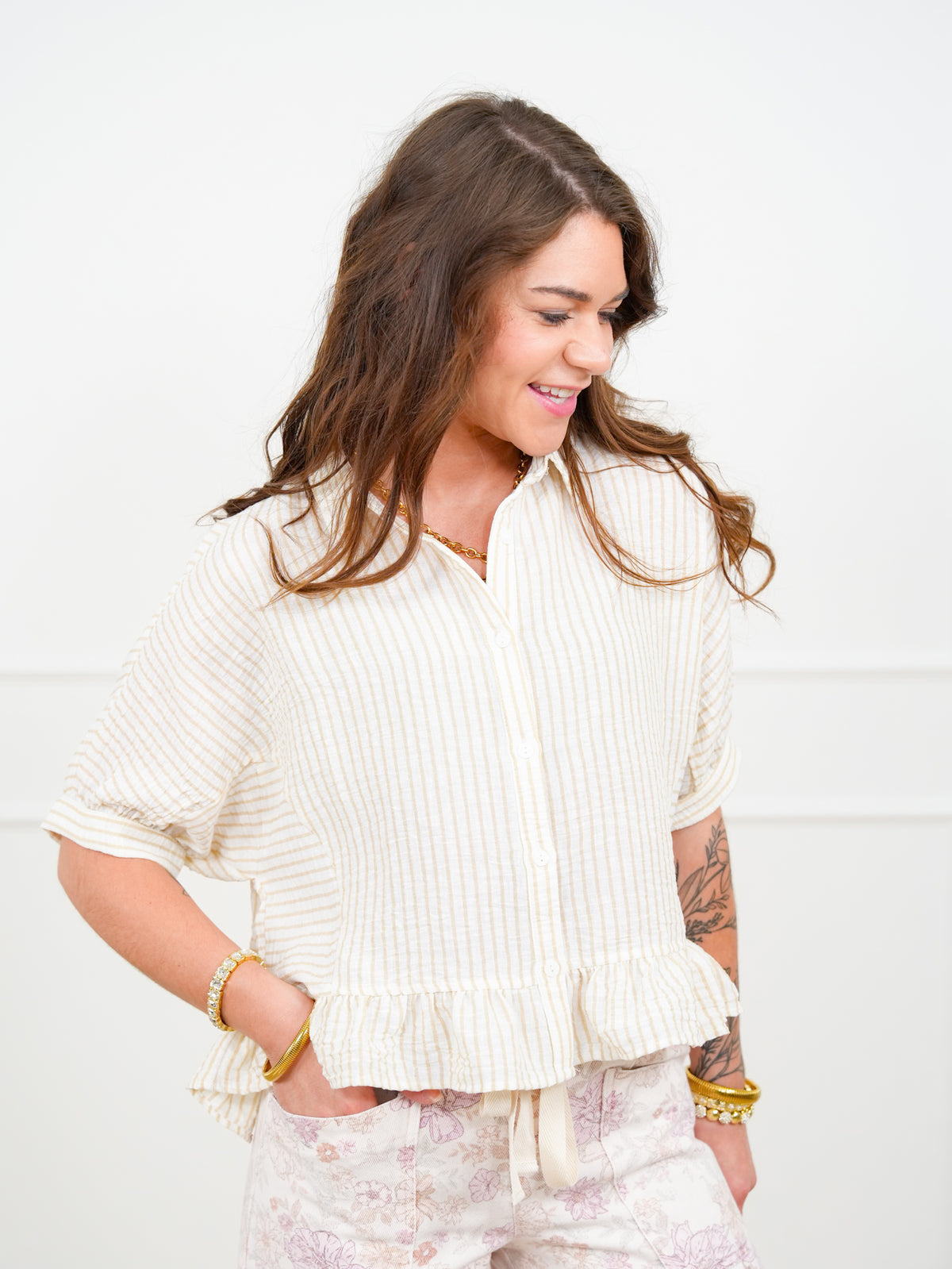 Striped Short Sleeve Button Down Top With Ruffle Hem - Freckled Poppy