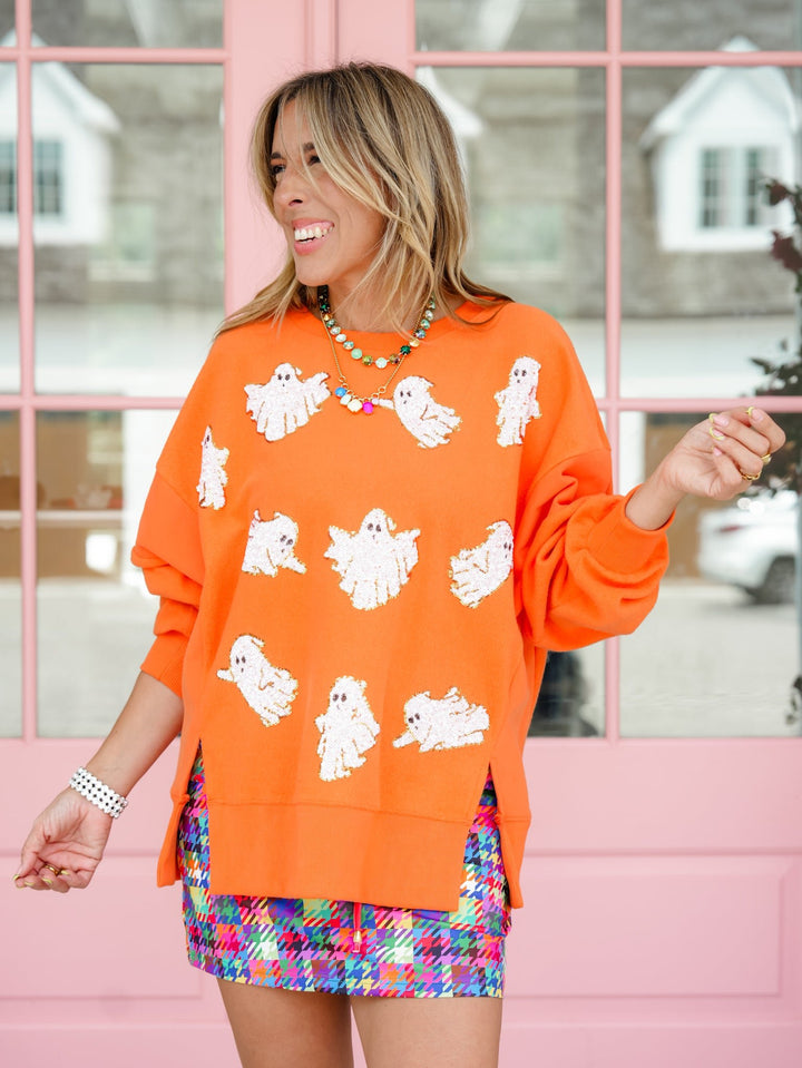 Sequin Ghost Long Sleeve Pullover Sweatshirt - Freckled Poppy