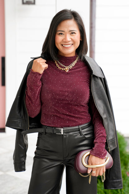 Rhinestone Long Sleeve Top with Mock Neck - Freckled Poppy