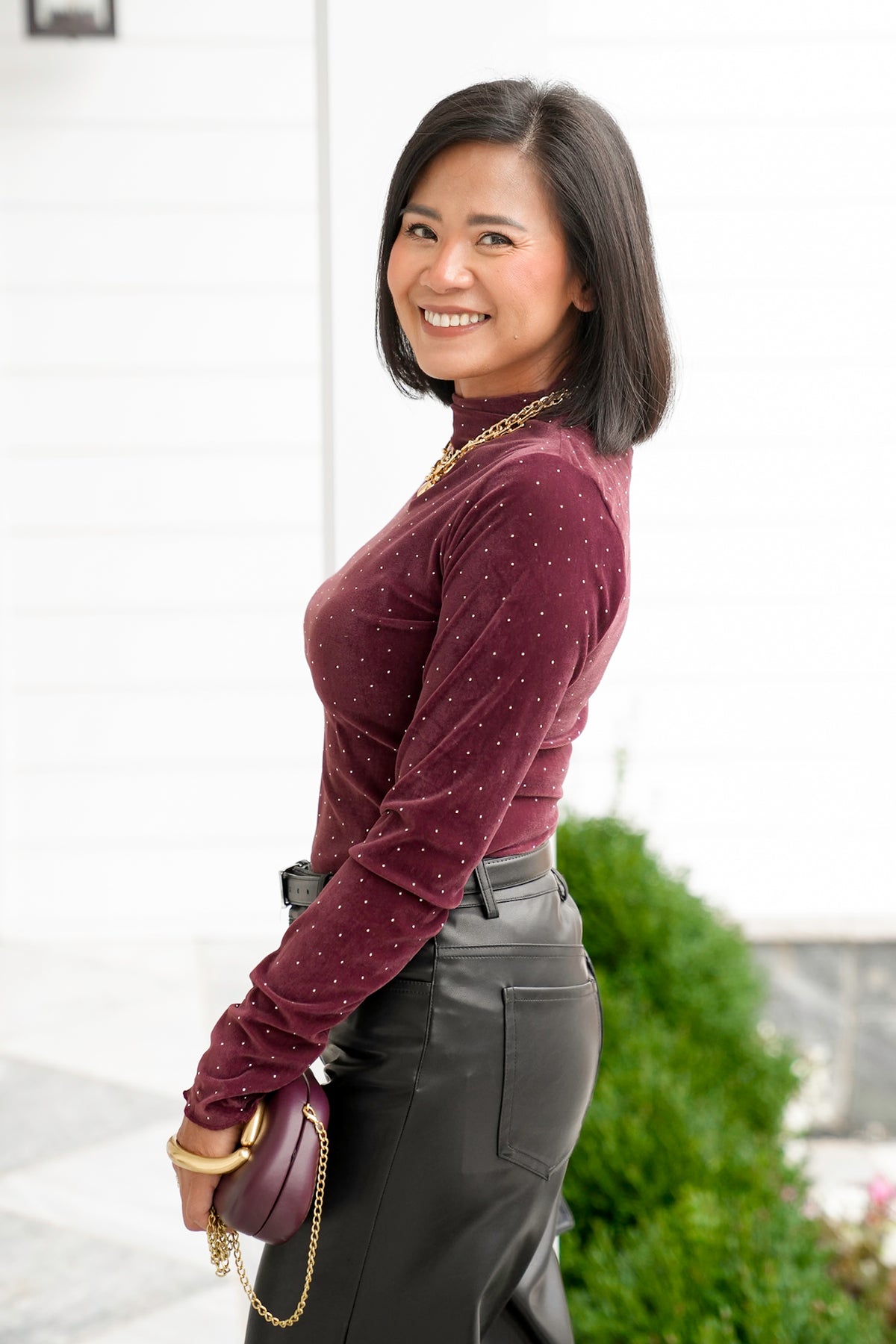 Rhinestone Long Sleeve Top with Mock Neck - Freckled Poppy