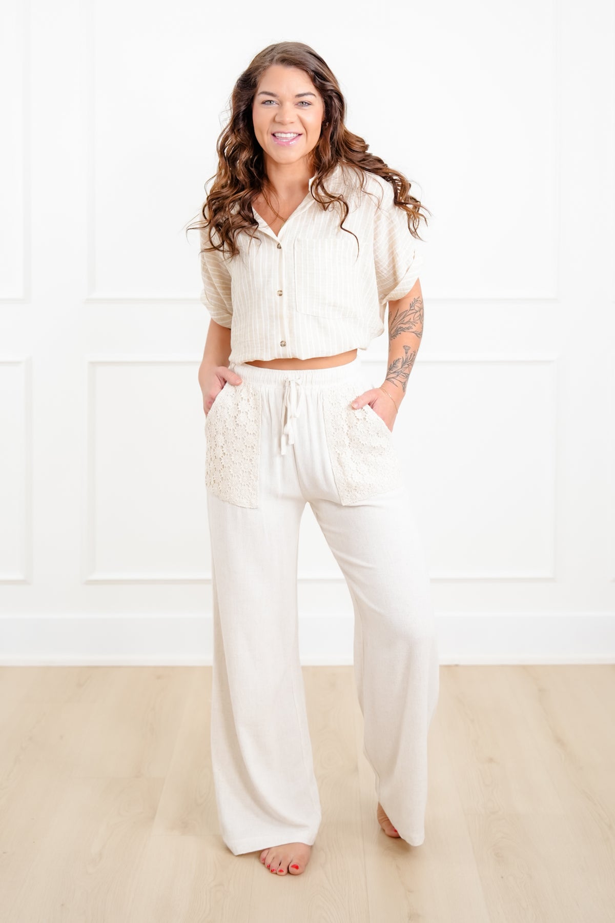 Linen Blend Elastic Waist Wide Leg Pants with Crochet Pockets - Freckled Poppy