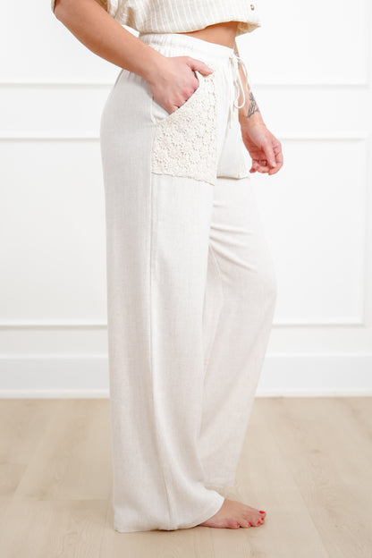 Linen Blend Elastic Waist Wide Leg Pants with Crochet Pockets - Freckled Poppy
