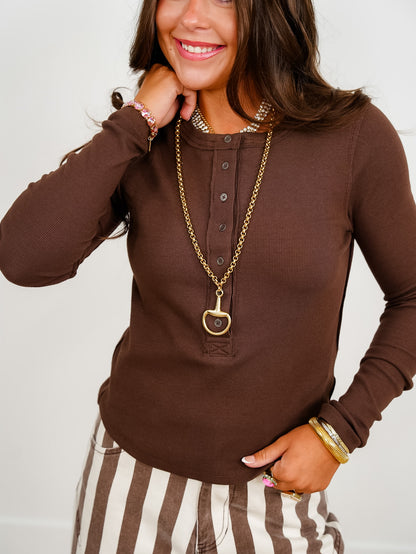 Ribbed Knit Long Sleeve Button Up Top - Freckled Poppy
