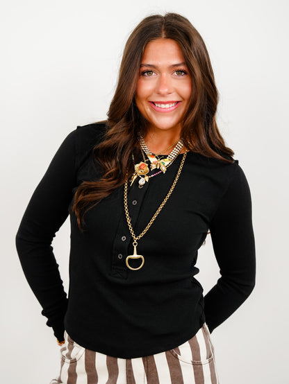 Ribbed Knit Long Sleeve Button Up Top - Freckled Poppy