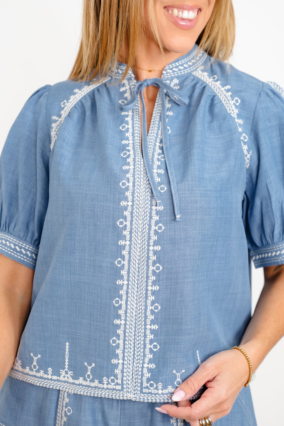 Short Sleeve Embroidered Puff Sleeve Top - Freckled Poppy