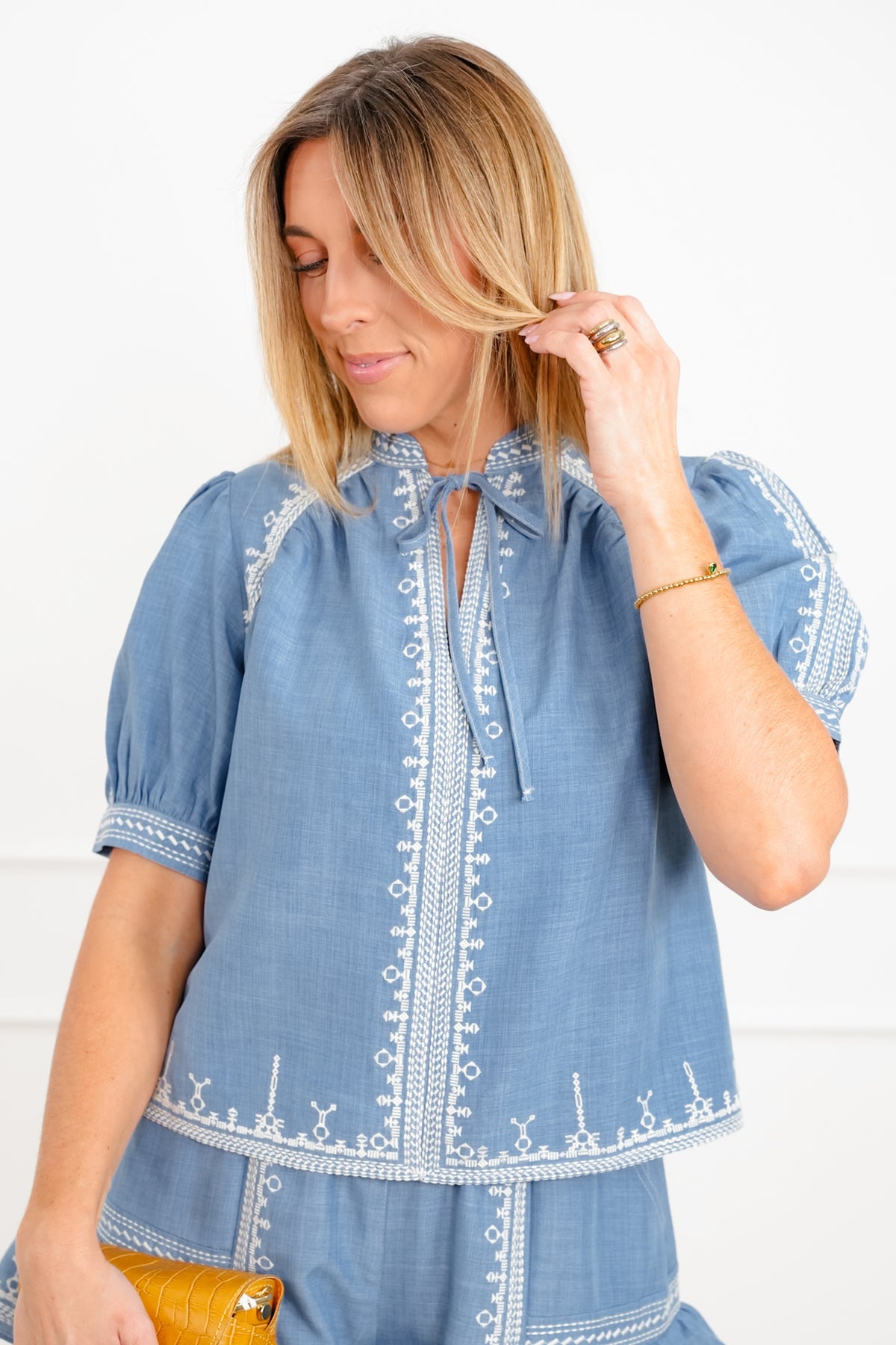 Short Sleeve Embroidered Puff Sleeve Top - Freckled Poppy