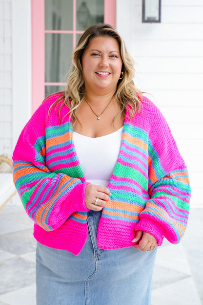 Plus/Reg Striped Long Sleeve Open Cardigan Sweater - Freckled Poppy