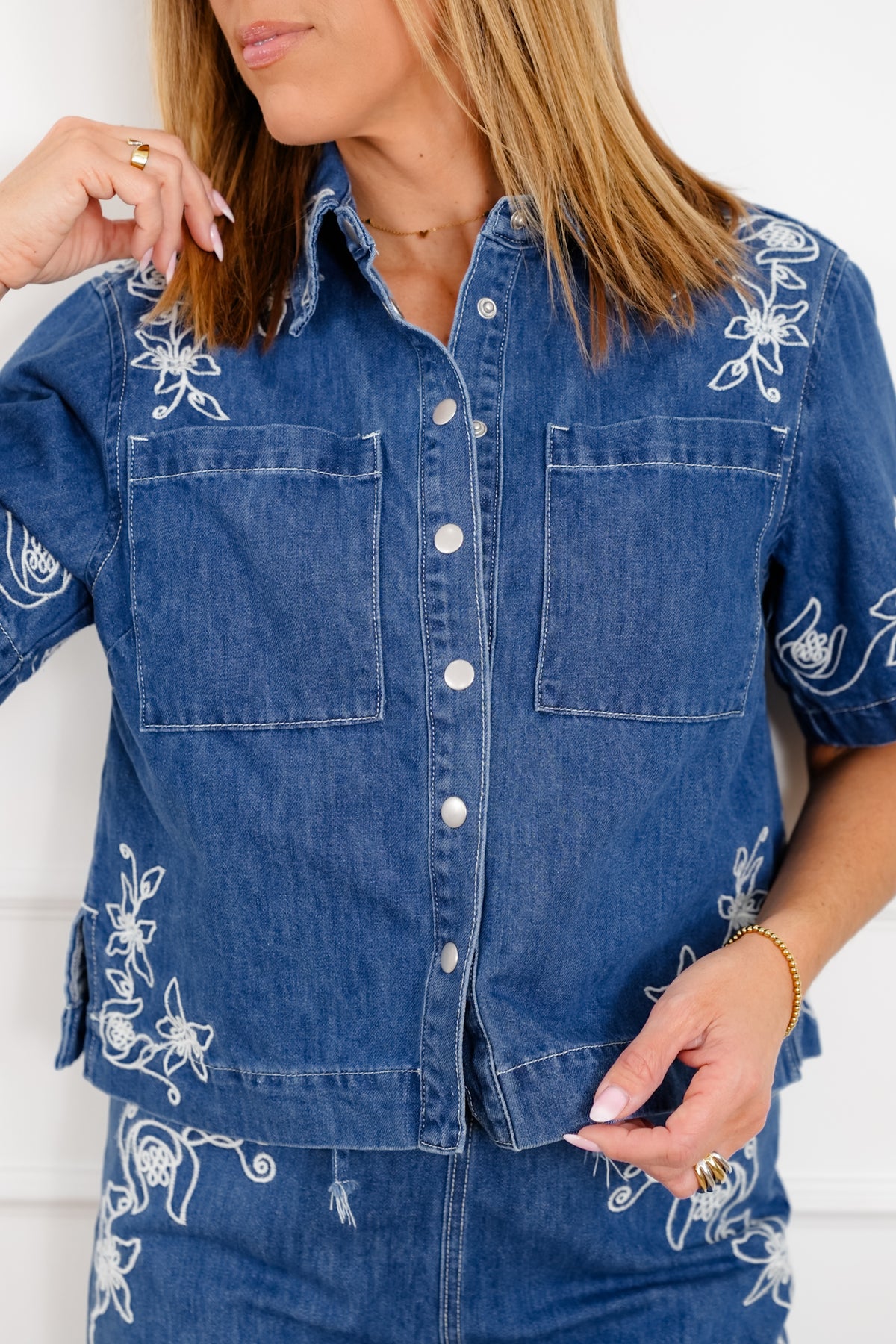 Floral Embroidered Medium Wash Short Sleeve Top and Pants Set - Freckled Poppy